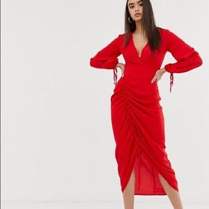 Asos Red Ruched front Long Sleeve Midi Dress Sz 6
